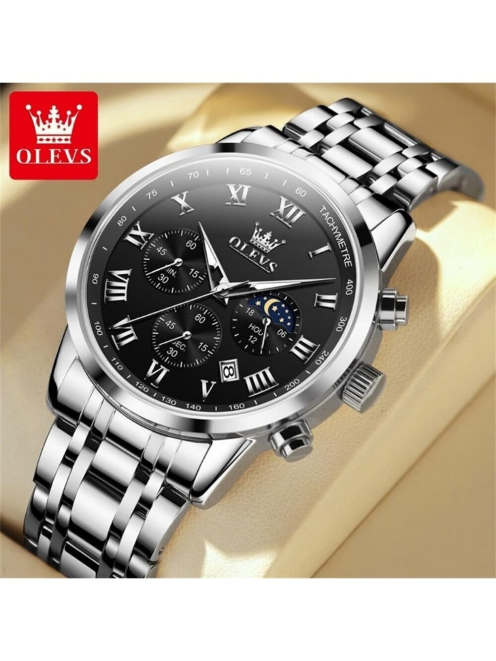 Olevs Men's Silver Black Multifunction Waterproof Luminous Chronograph Watch - Picture 2 of 6